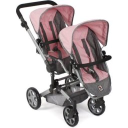 CHIC2000 Puppen-Zwillingsbuggy Linus Duo, Grau-Rosa, mit zwei abnehmbaren, bis in Liegeposition verstellbaren Sportsitzen