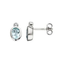 JOBO Paar Ohrstecker, oval 585 Weißgold mit 2 Diamanten und Aquamarin