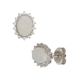 JOBO Paar Ohrstecker, oval 585 Weißgold 28 Diamanten und Opal-Cabochons