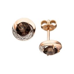 JOBO Paar Ohrstecker, rund 585 Roségold mit 4 Diamanten und Rauchquarz