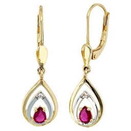 JOBO Paar Ohrhänger, 585 Gold mit 2 Diamanten und Rubin