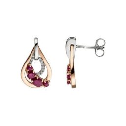 JOBO Paar Ohrstecker, Tropfen 585 Gold bicolor 18 Diamanten und Rubin