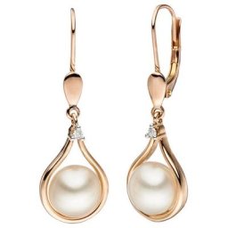 JOBO Perlenohrringe, 585 Roségold 2 Diamanten 2 Süßwasser Perlen