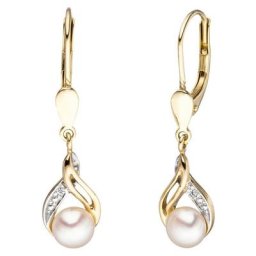 JOBO Perlenohrringe, 585 Gold mit 2 Diamanten und Süßwasser-Zuchtperlen