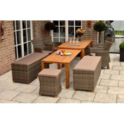 MERXX Garten-Essgruppe Toskana, (Set, 17-tlg), 4 Sessel, 2x 3er Sitzbank, 2x Hocker, inkl. Sitzkissen, Ausziehtisch