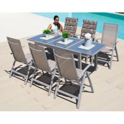 MERXX Garten-Essgruppe Amalfi, (7-tlg), 6 Hochlehner, Tisch 90x140-200 cm, Alu/Textil