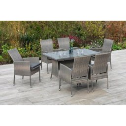 MERXX Garten-Essgruppe Sevilla, (7-tlg), 6 Sessel mit Siztkissen, Tisch, steinbeige