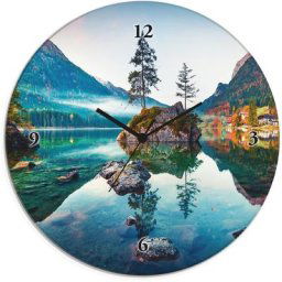 Artland Wanduhr Glasuhr rund Herbstszene des Hintersee vor Alpen (wahlweise mit Quarz- oder Funhuhrwerk, lautlos ohne Tickgeräusche)