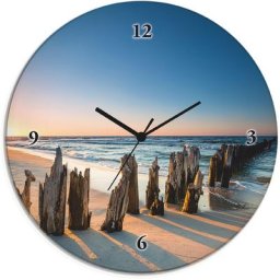 Artland Wanduhr Glasuhr rund Sonnenuntergang Strand Wellenbrecher (wahlweise mit Quarz- oder Funhuhrwerk, lautlos ohne Tickgeräusche)