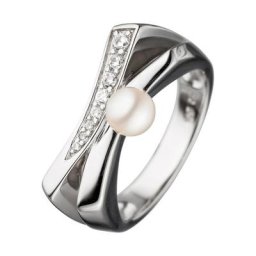 JOBO Perlenring, 925 Silber mit Süßwasser-Zuchtperle und Zirkonia