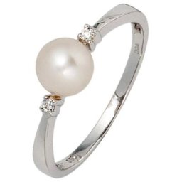JOBO Perlenring, 585 Weißgold Süßwasser-Zuchtperle und 2 Diamanten
