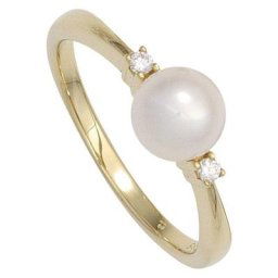 JOBO Perlenring, 585 Gold mit Süßwasser-Zuchtperle und 2 Diamanten