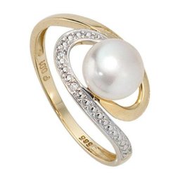 JOBO Perlenring, 585 Gold mit Süßwasser-Zuchtperle und 2 Diamanten