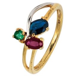 JOBO Goldring Ring mit Rubin Safir Smaragd, 585 Gold bicolor