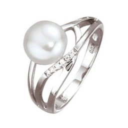 JOBO Diamantring, 585 Weißgold mit Perle und 6 Diamanten