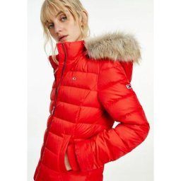 Tommy Jeans Steppjacke TJW BASIC HOODED DOWN JACKET mit Fellimitat an der Kapuze & Tommy Jeans Logo-Flag