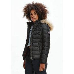 Tommy Jeans Steppjacke TJW BASIC HOODED DOWN JACKET mit Fellimitat an der Kapuze & Tommy Jeans Logo-Flag