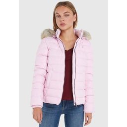 Tommy Jeans Steppjacke TJW BASIC HOODED DOWN JACKET mit Fellimitat an der Kapuze & Tommy Jeans Logo-Flag