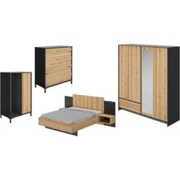 Gami Schlafzimmer-Set Mimizan, (4-St., Bett, 2x Nachttische, Kleiderschrank, Kommode, Garderobenschrank)