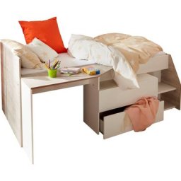 Parisot Hochbett Milky mit kleiner Arbeitsfläche und kleiner Kommode, extra Stauraum
