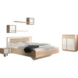 Gami Schlafzimmer-Set Curtys, (6-St., 1x Bett, 2x hängende Nachttische, 1x Kommode und 2x Wandregal)