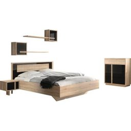 Gami Schlafzimmer-Set Curtys, (6-St., 1x Bett, 2x hängende Nachttische, 1x Kommode und 2x Wandregal)