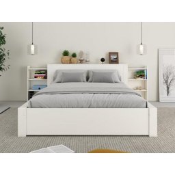 Home affaire Stauraumbett Pitra, Futonbett, mit ausziehbaren Regalen im Kopfteil, Massivholz mit MDF
