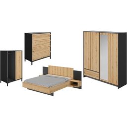 Gami Schlafzimmer-Set Mimizan, (4-St., Bett, 2x Nachttische, Kleiderschrank, Kommode, Garderobenschrank)