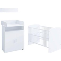 Lüttenhütt Babymöbel-Set, (Set aus: Babybett LF 70 x 140 cm, Kommode, Wickelaufsatz, Wandboard), Komplettes Babyzimmer Set 70 x 140 cm, wahlweise 3 Farbausführungen
