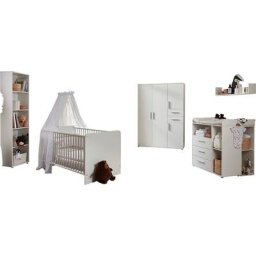 BMG Möbel Babyzimmer-Komplettset Lea, (Set, 7-St., Bett, Wickelkommode, Schrank, Standregal, Unterstellregal, Wandboard), Bett + Wickelkommode + 4-trg. Schrank + Standregal + Unterstellregal