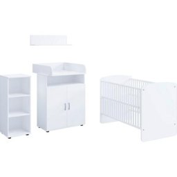Lüttenhütt Babymöbel-Set, (Set aus: Babybett 70 x 140cm, Kommode, Wickelaufsatz, Wandboard, Regal), Set aus: Babybett 70 x 140cm, Kommode, Wickelaufsatz, Wandboard, Regal