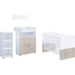 Lüttenhütt Babymöbel-Set, (Set aus: Babybett 70 x 140cm, Kommode, Wickelaufsatz, Wandboard, Regal), Set aus: Babybett 70 x 140cm, Kommode, Wickelaufsatz, Wandboard, Regal
