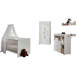 BMG Möbel Babyzimmer-Komplettset Lea, (Set, 4-St., Bett, Wickelkommode, Schrank, Wandboard), Bett + Wickelkommode + 3-trg. Schrank + Wandboard