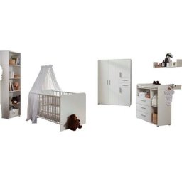 BMG Möbel Babyzimmer-Komplettset Lea, (Set, 5-St., Bett, Wickelkommode, Schrank, Standregal, Wandboard), Bett + Wickelkommode + 4-trg. Schrank + Standregal + Wandboard