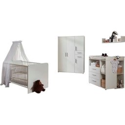 BMG Möbel Babyzimmer-Komplettset Lea, (Set, 6-St., Bett, Wickelkommode, Unterbauregal, Schrank, Wandboard), Bett + Wickelkommode + 2x Unterbauregal + 4-trg. Schrank + Wandboard