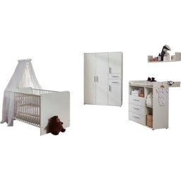 BMG Möbel Babyzimmer-Komplettset Lea, (Set, 4-St., Bett, Wickelkommode, Schrank, Wandboard), Bett + Wickelkommode + 4-trg. Schrank + Wandboard