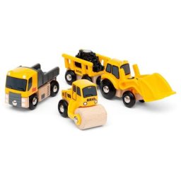 BRIO® Spielzeug-Eisenbahn Baustellenfahrzeuge, (Set, 3-tlg), Kipper, Walze und Bagger m. Anhänger, FSC® - schützt Wald - weltweit