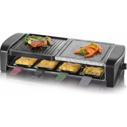 Severin Raclette RG 9645, 8 Raclettepfännchen, 1400 W, Naturgrillstein, Gussplatte, Thermostat, Antihaftbeschichtung