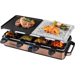 bestron Raclette ARG1200CO, 8 Raclettepfännchen, 1400 W, Naturstein & antihaftbeschichtete Grillplatte, 8 Pfännchen & 8 Schaber