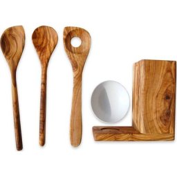 Olivenholz-erleben Kochbesteck-Set ALL-IN (5-tlg., 2 Kochlöffel, Keramikschälchen, Risottolöffel, Utensilienbox), Inkl. Bestecke