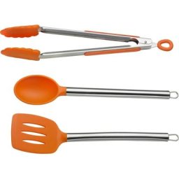 PINTINOX Kochbesteck-Set Pinti Silicone Orange (Set, 3-tlg), (Servierlöffel, Bratenwender, Zange), Edelstahl/Silikon
