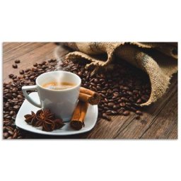 Artland Küchenrückwand Kaffeetasse Leinensack mit Kaffeebohnen, (1-tlg), Alu Spritzschutz mit Klebeband, einfache Montage