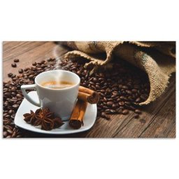 Artland Küchenrückwand Kaffeetasse Leinensack mit Kaffeebohnen, (1-tlg), Alu Spritzschutz mit Klebeband, einfache Montage