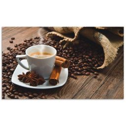 Artland Küchenrückwand Kaffeetasse Leinensack mit Kaffeebohnen, (1-tlg), Alu Spritzschutz mit Klebeband, einfache Montage