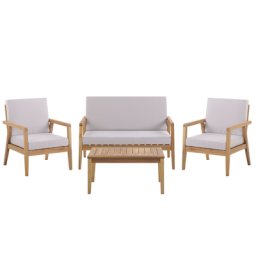 Loungeset Braun/Grau Akazienholz und Polyester 4-teilig Sofa 2 Sessel mit Auflagen und Couchtisch Outdoor Indoor Terrasse Garten Möbel