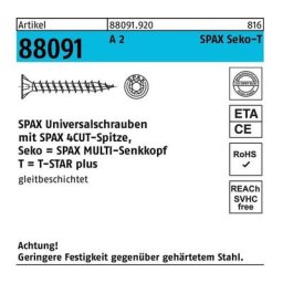 1197000450303 Senkschrauben 4.5 mm 30 mm T-Profil 88091 Edelstahl A2 200 St. - Spax