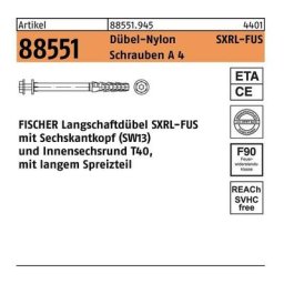 fischer Langschaftdübel R 88551 SXRL 10 x100 FUS Schrauben A 4/Dübel-Nylon