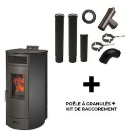 Luft-Pelletofen Flavia 13 kW Sannover Schwarz + Kaminbau-Anschluss-Set