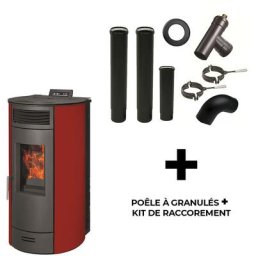 Luft-Pelletofen Flavia 13 kW Sannover Bordeaux + Kaminbau-Anschluss-Set