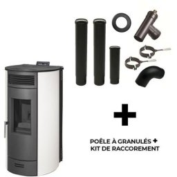 Luft-Pelletofen Flavia 13 kW Sannover Weiß + Kaminbau-Anschluss-Set